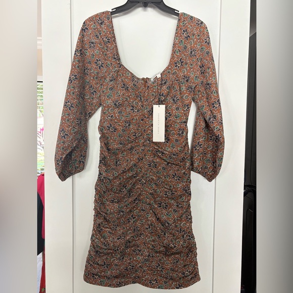 Veronica Beard Ruched Floral Mini Nadi Dress SIZE 2 Cotton Cinnamon Multi NWT - Picture 7 of 10